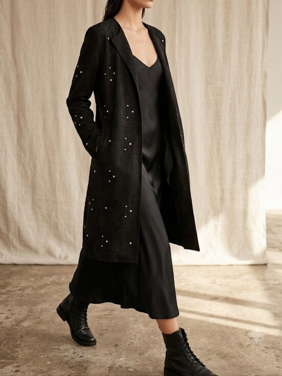 Zara Jackets & Blazers - Zara Black Suede Long Trench Coat with Silver Studs